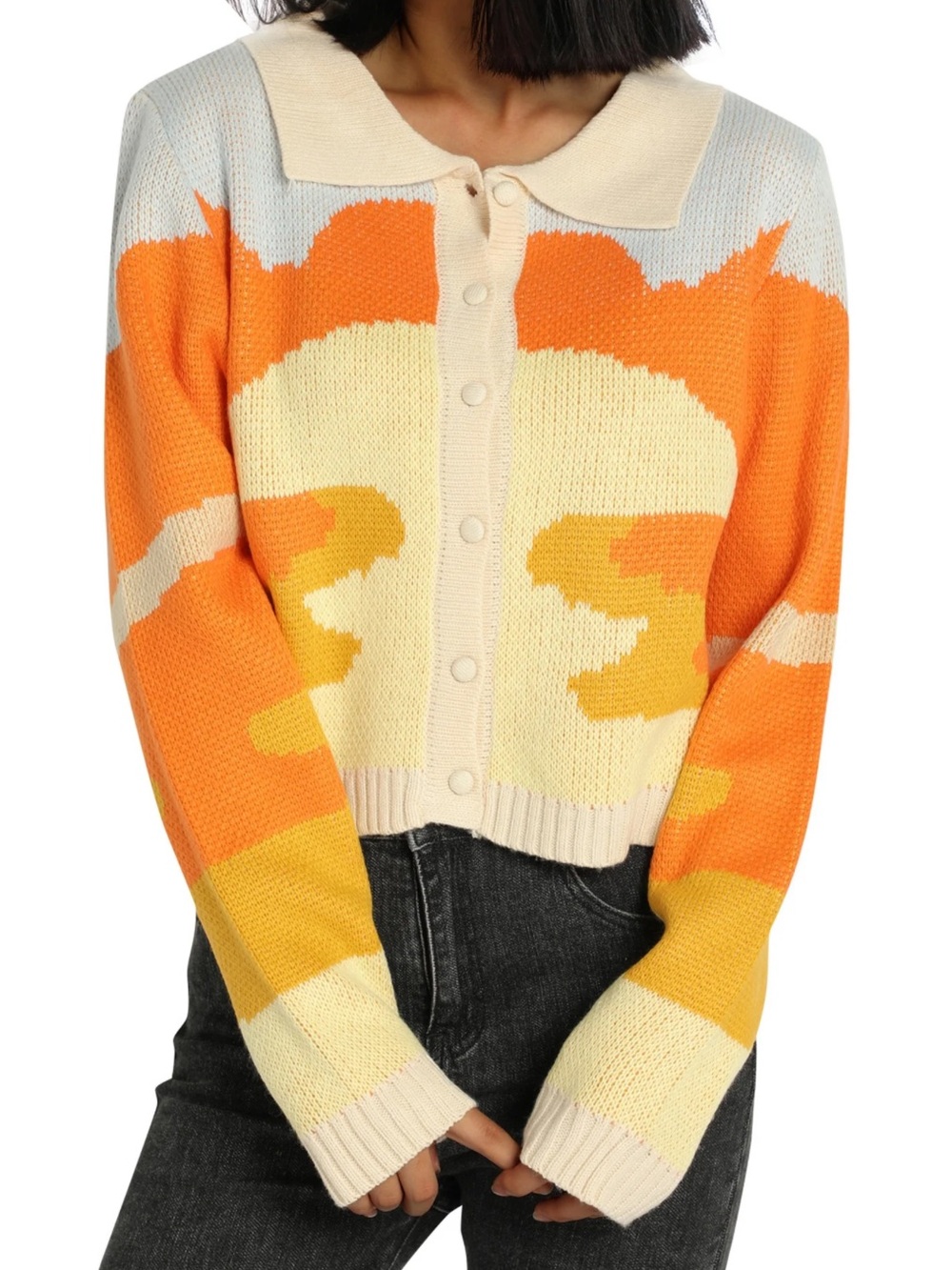 70s Retro Western Sunset Cropped Cardigan Desert Graphic Knit Sweater